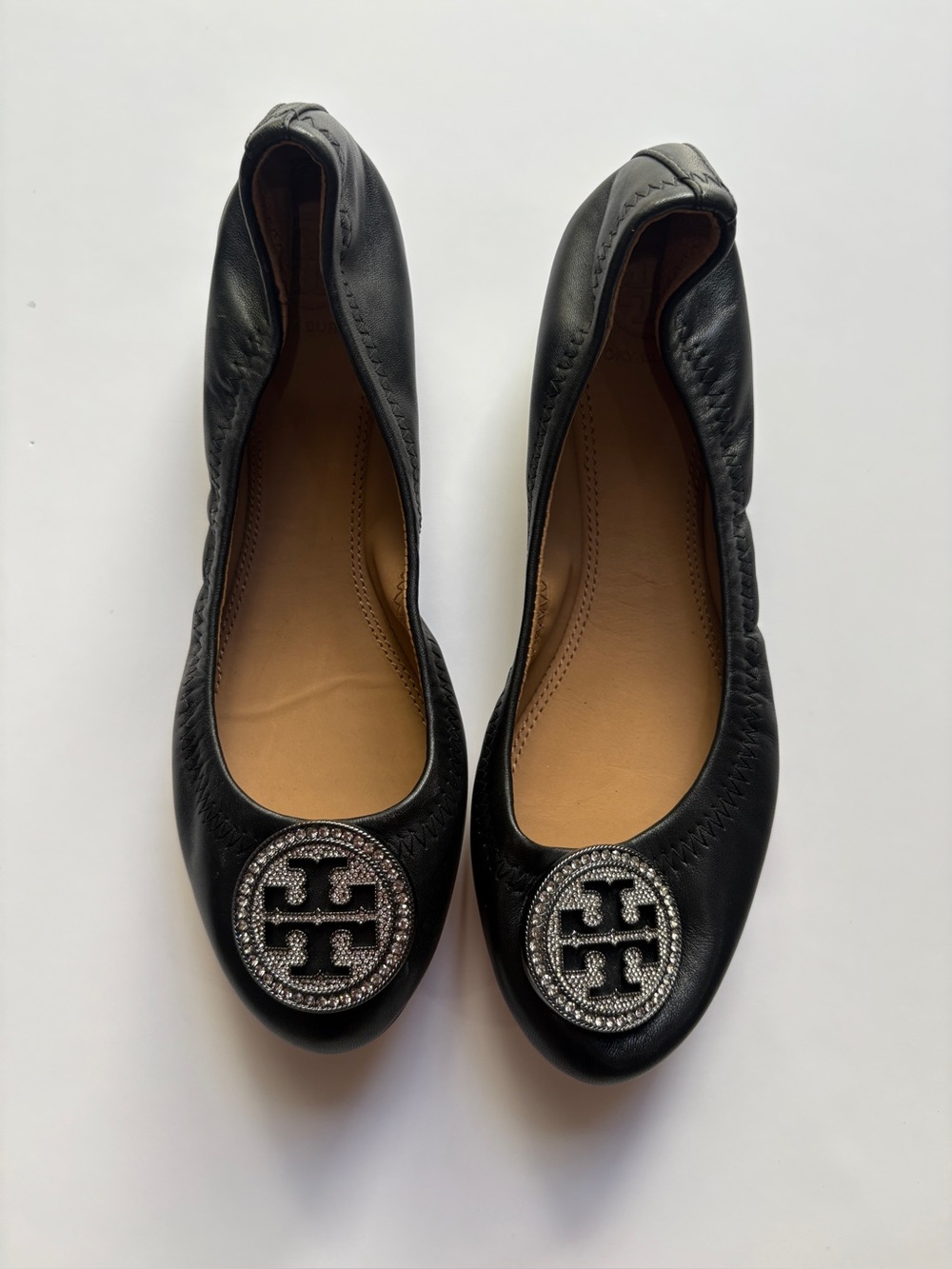 Tory Burch Black Leather Crystal Logo Ballet Flats Size 6
